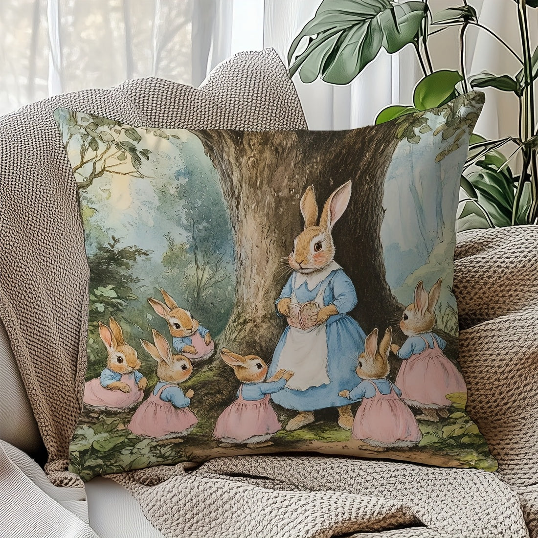 Винтажная наволочка для подушки с тематикой леса и кроликов, гипоаллергенный полиэстер, машинная стирка, застежка на молнии, плетеный декоративный чехол для подушки, подходит для различных комнат.