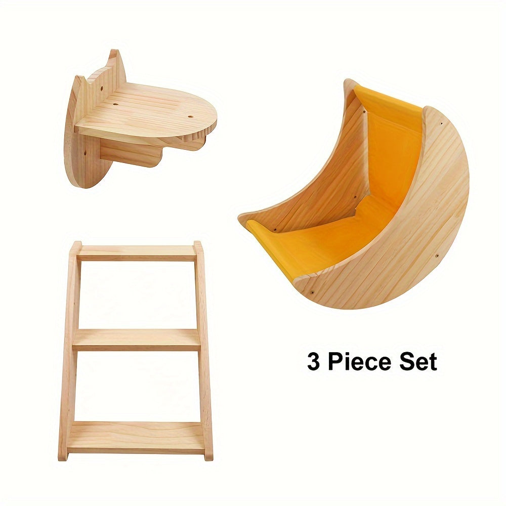 Natural Wood Cat Climbing Tower Set for Indoor Play and Exercise 3 Pieces