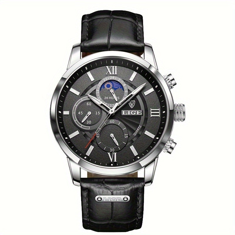 Men's Leather Casual Quartz Sport Watch Black 42mm