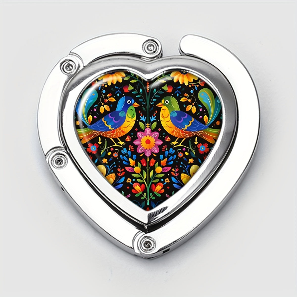 Colgador de bolso en forma de corazón, de aleación de zinc, plegable, con diseño floral de aves coloridas