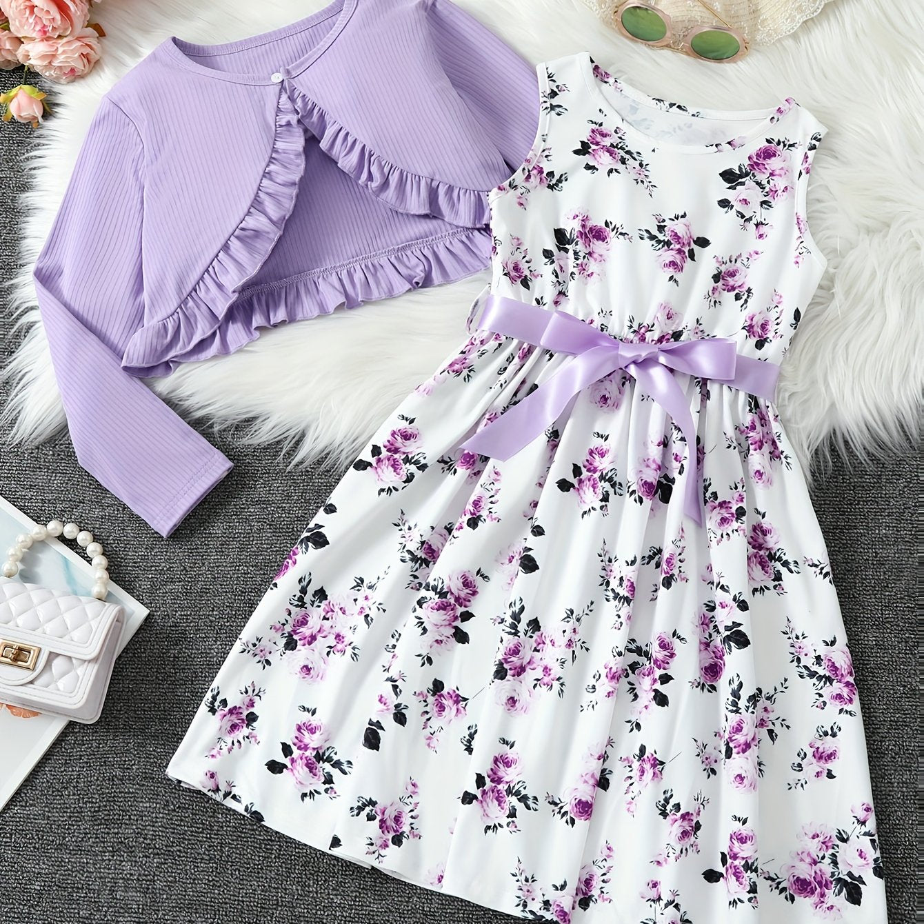 Girls' Spring Fall Floral Dress Set with Ruffle Hem and Crew Neck Top
