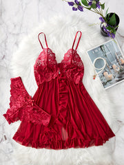 Women’s Lace Ruffle Lingerie Set with Deep V Slip Dress and Thong