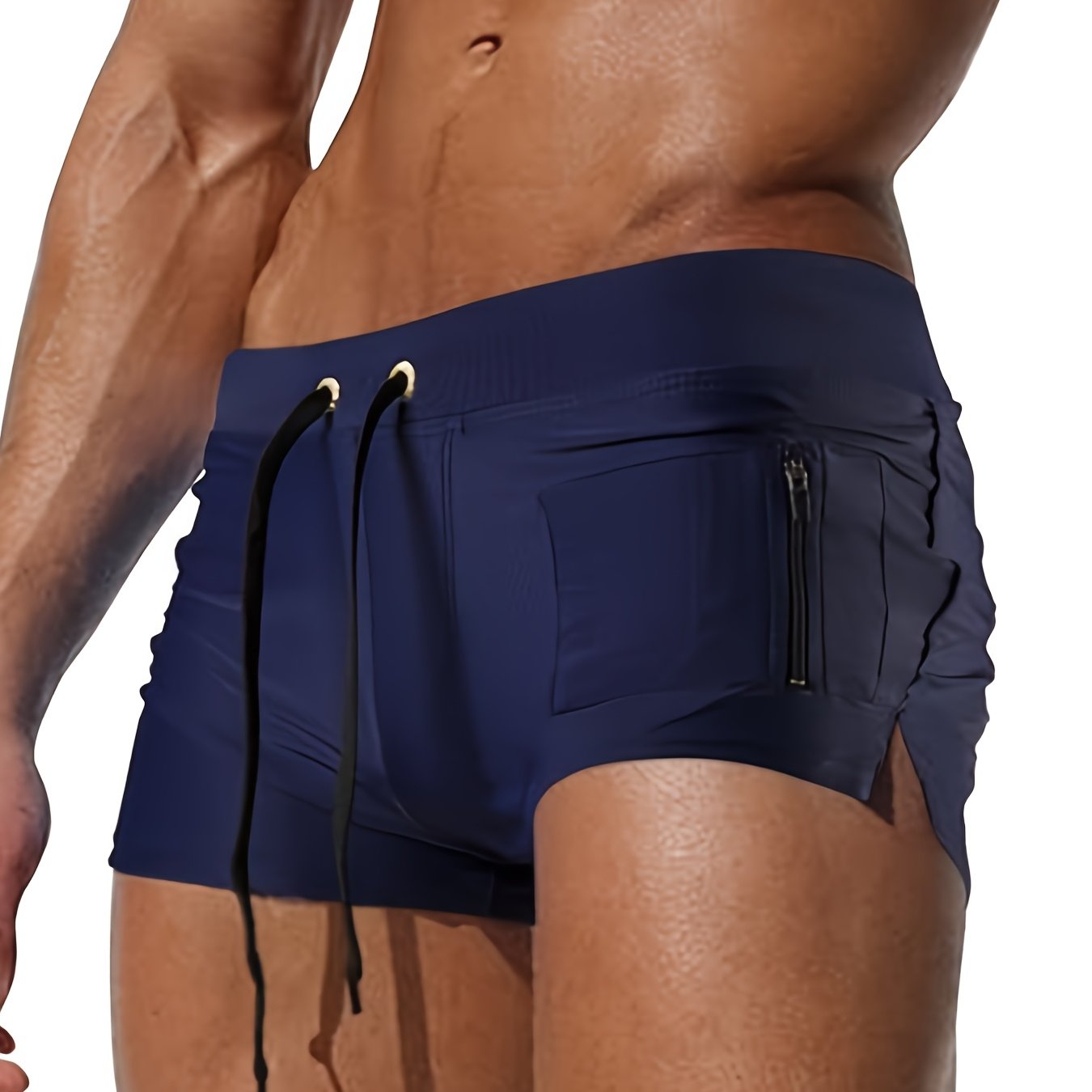Men's Quick-Dry Swim Trunks with Zipper Pocket Stretchy Nylon Elastane Solid Color Drawstring Waist for Beach Pool