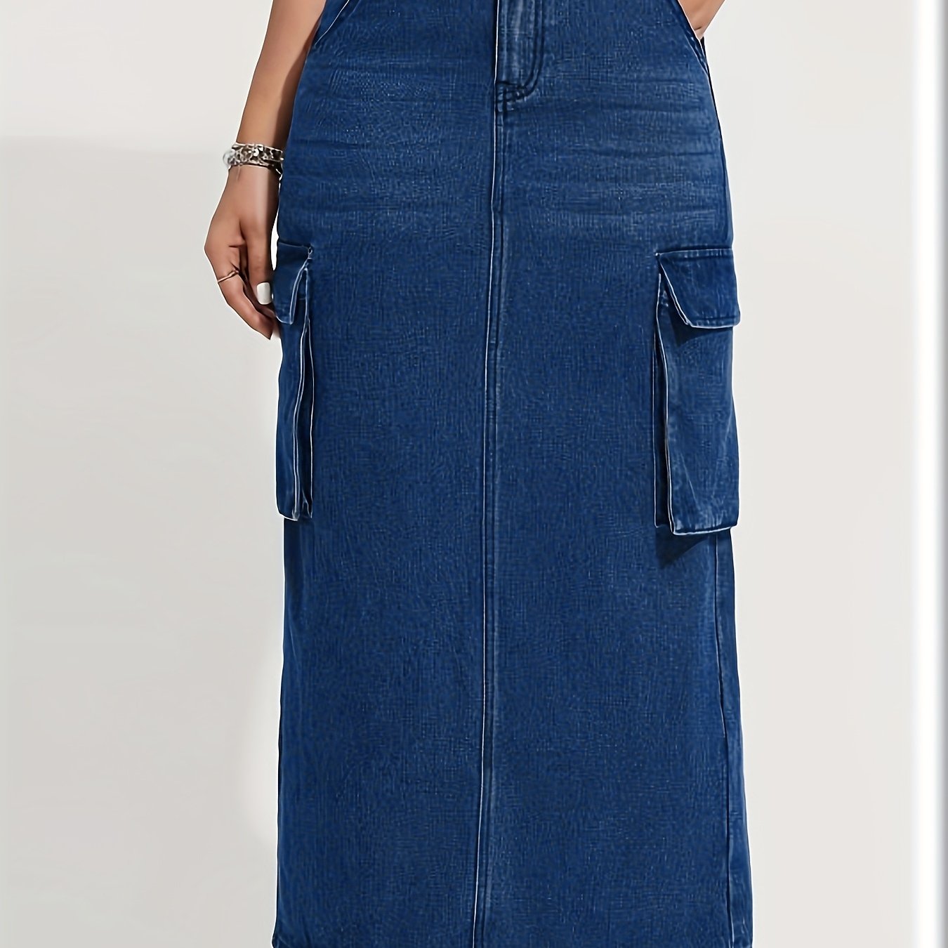 Women's Washed Denim Midi Skirt with Pockets, High-Waisted, Casual Cargo