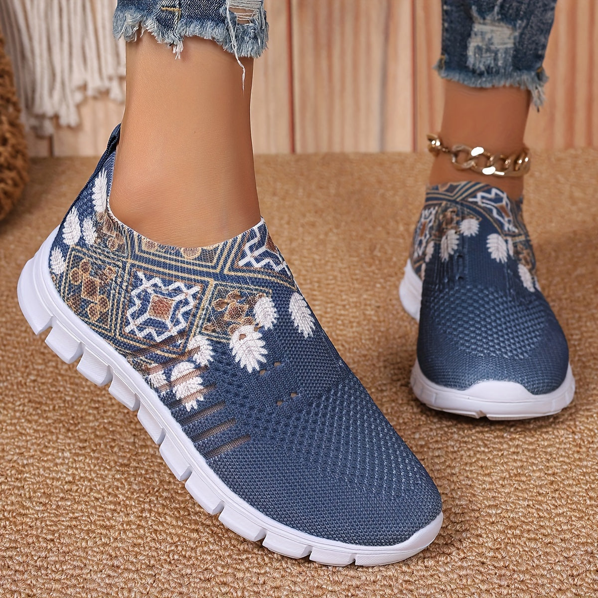 Women's Blue Knit Fabric Slip-On Sneakers with White Floral Patterns and EVA Sole