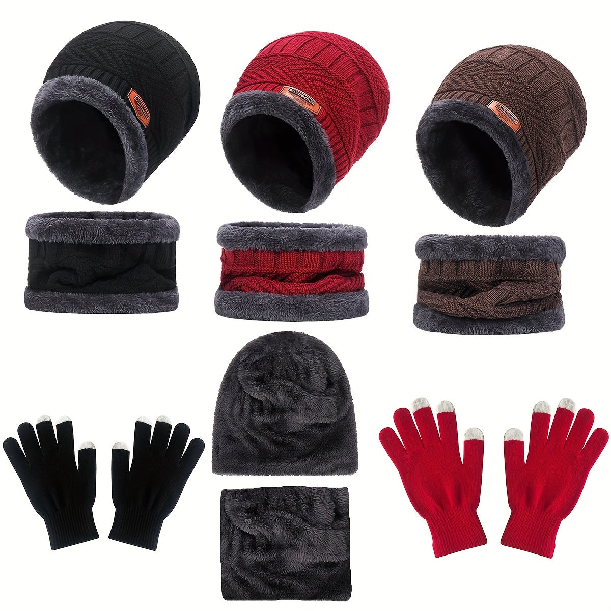 Winter Warm Velvet Hat Scarf Gloves Set for Boys and Girls, Outdoor Riding