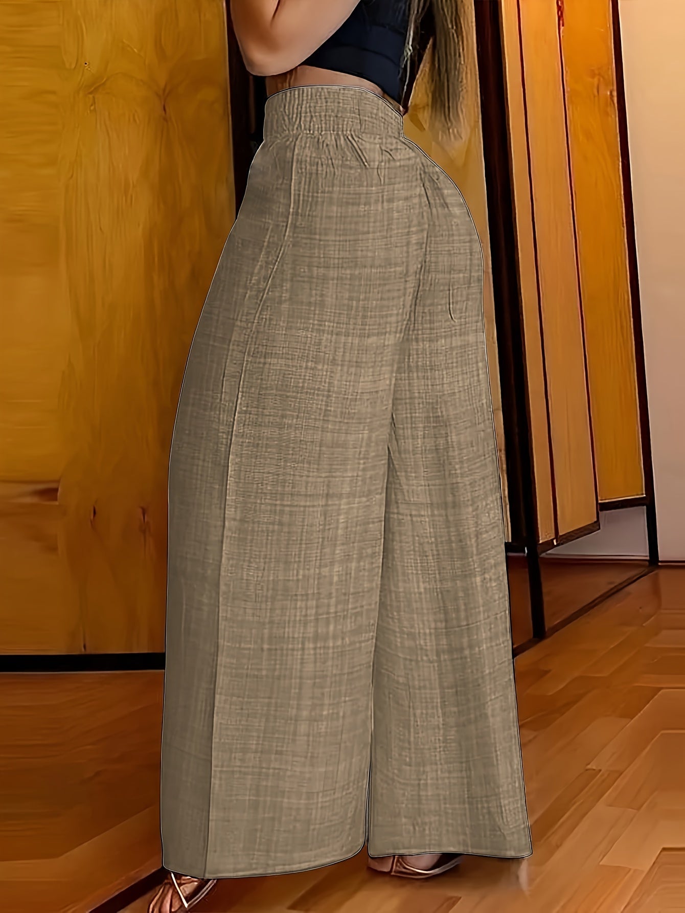 Pantalones de pierna ancha con cintura fruncida de poliéster sólido tejido para todas las estaciones