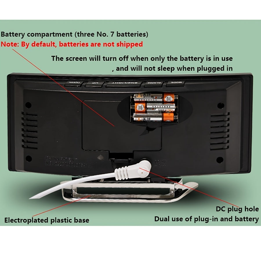 Black LED Curved Alarm Clock with Temperature Humidity Display and USB Battery Power