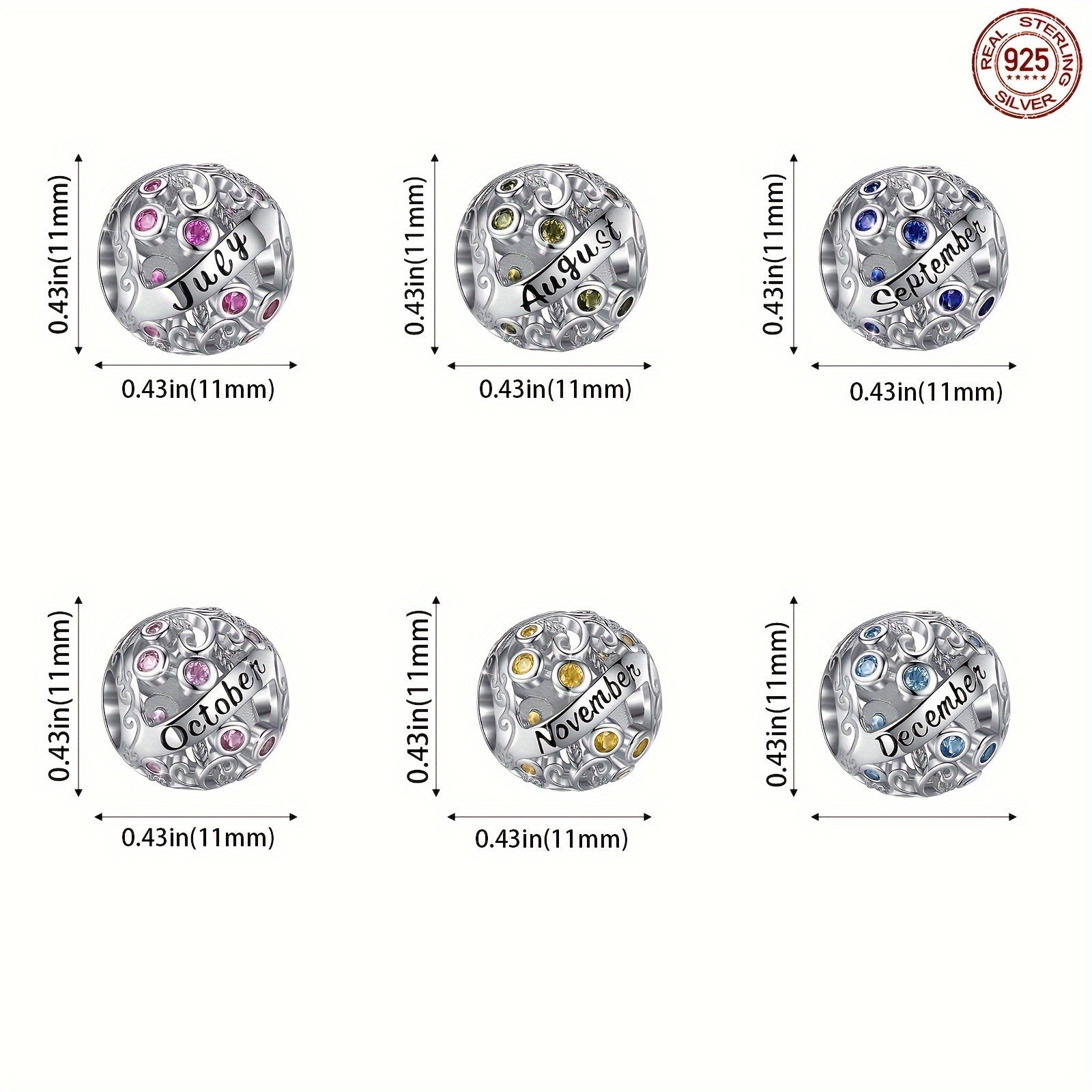Sterling Silver Twelve Months Series Round Charm Beads for Bracelets and Necklaces