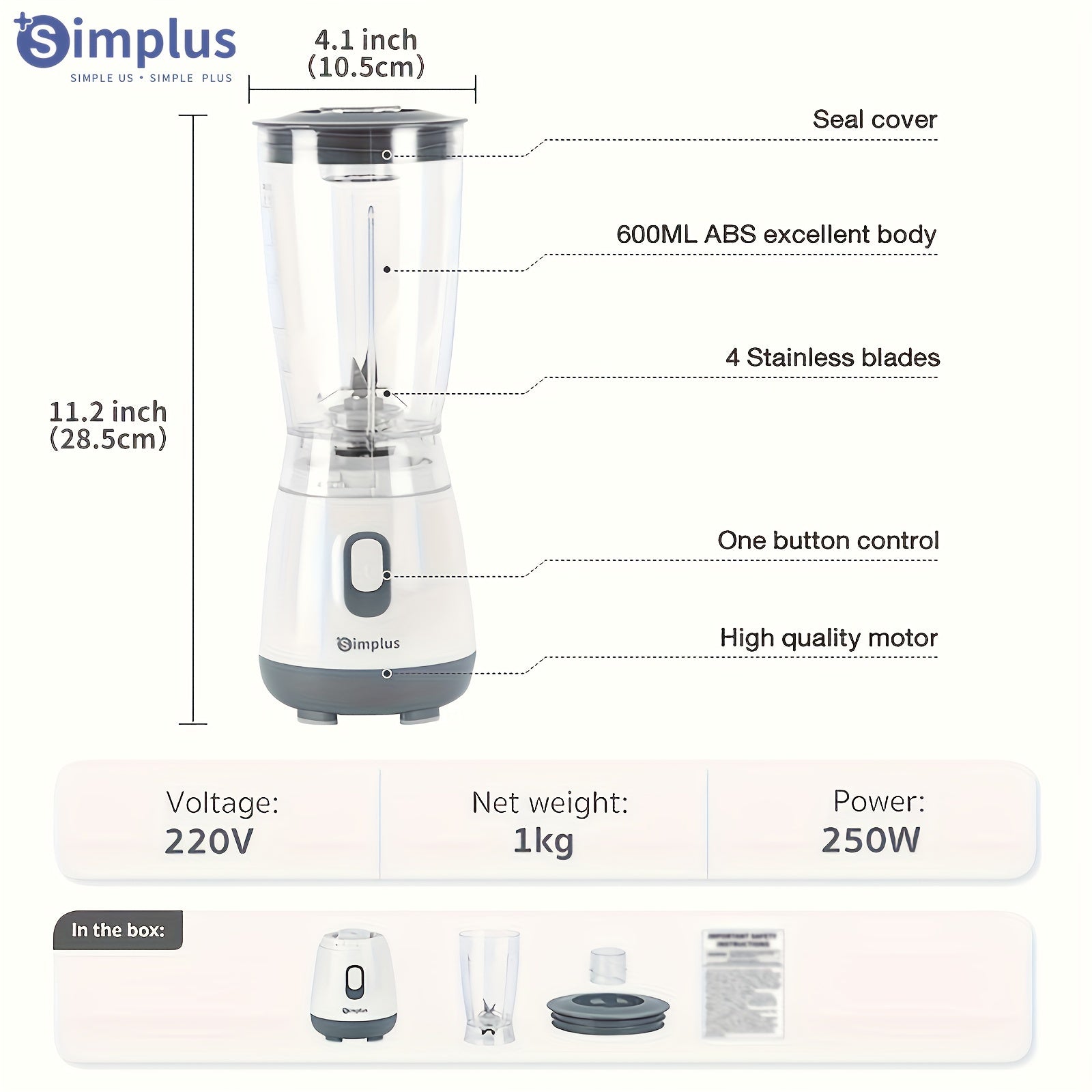 Licuadora de alta velocidad de 250W con capacidad de 600ml, material ABS duradero, fácil de limpiar
