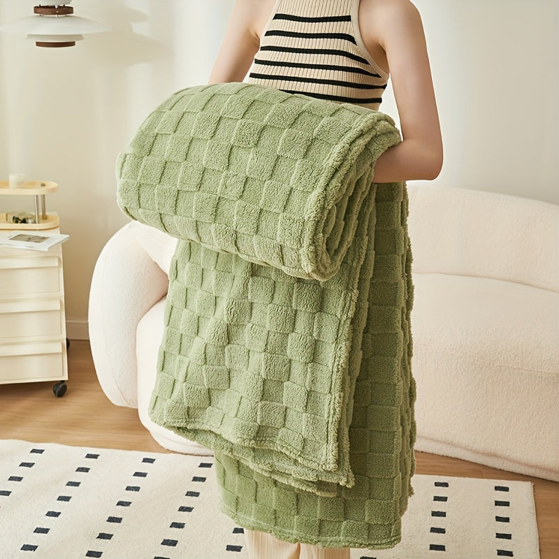 Green Checkered Taffeta Throw Blanket Soft Warm All-Season Couch Bed Office Nap