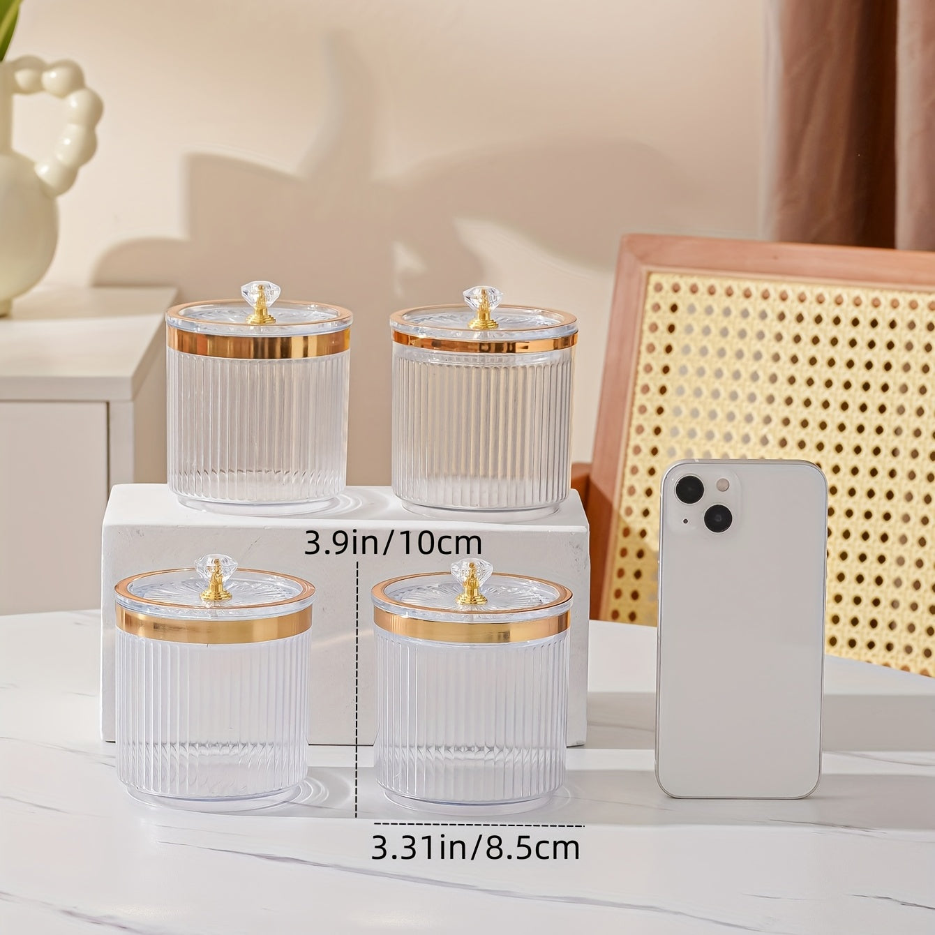 Oyna bilan bezatilgan shaffof Amber Sketch Bead idishi, oziq-ovqat saqlash uchun qopqoq bilan