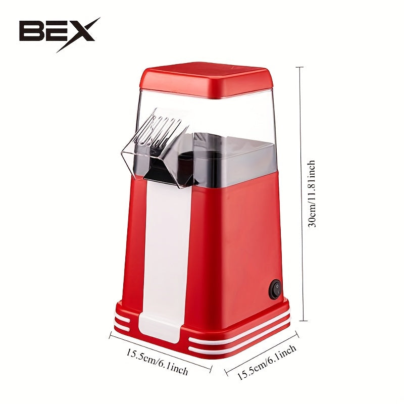 BEX Mini Popcorn Maker qizil rangda, zanglamaydigan po'latdan yasalgan konstruktsiyaga ega. Avtomatik va oson ishlatiladi, moy yoki shakar talab qilinmaydi. Uy, yig'ilishlar va partiyalar uchun mukammal. Katta sig'imli, tez va