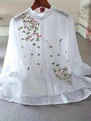 Women's Embroidered Stand Collar Polyester Blouse for Spring Summer Adult Fashion