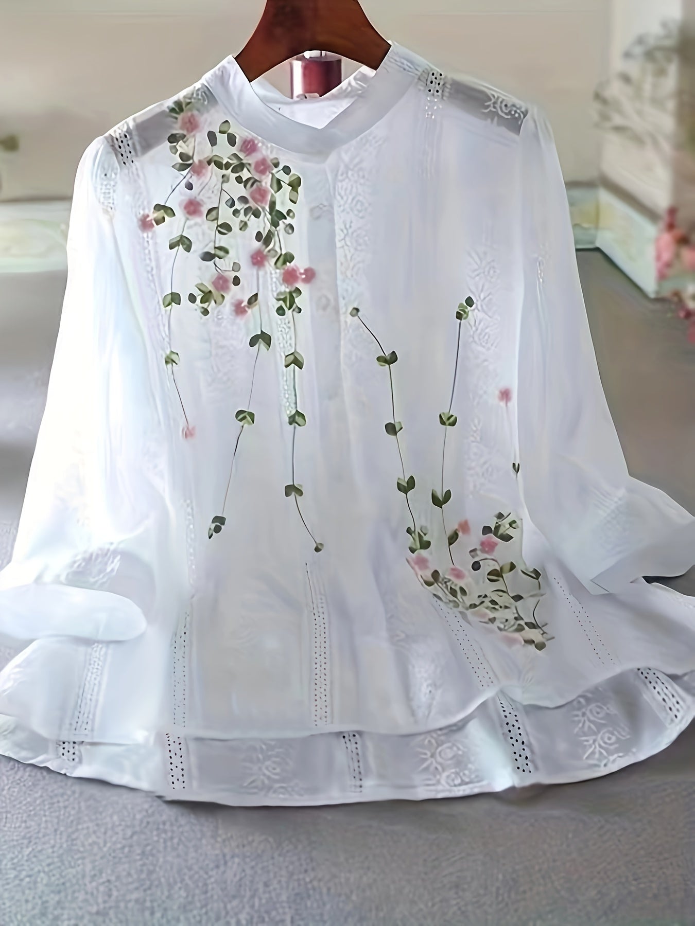 Women's Embroidered Stand Collar Polyester Blouse for Spring Summer Adult Fashion