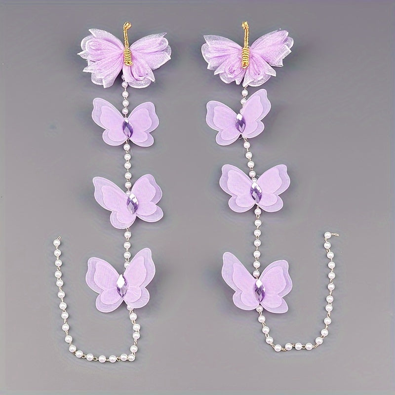 Yoshlar uchun yangi to'plam 2 qizning soch qisqichlari, kapalakga o'xshash marvaridlar, yoqimli to'r ip gullari, uzun marjonli tassel va o'ralgan soch zanjiri.