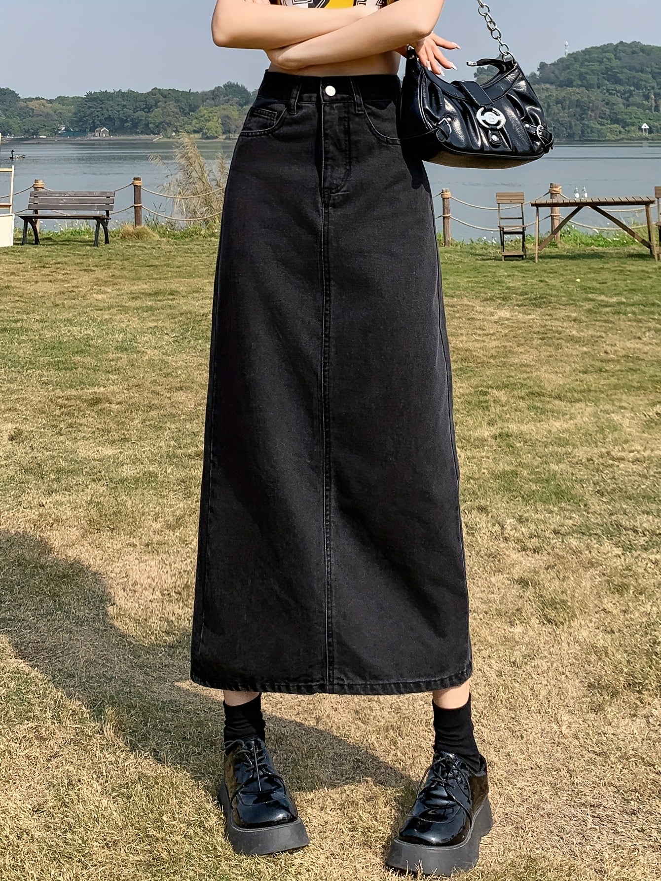 Women's Denim Midi Skirt with Side Slit and Pockets, Mid-Rise, Solid Color