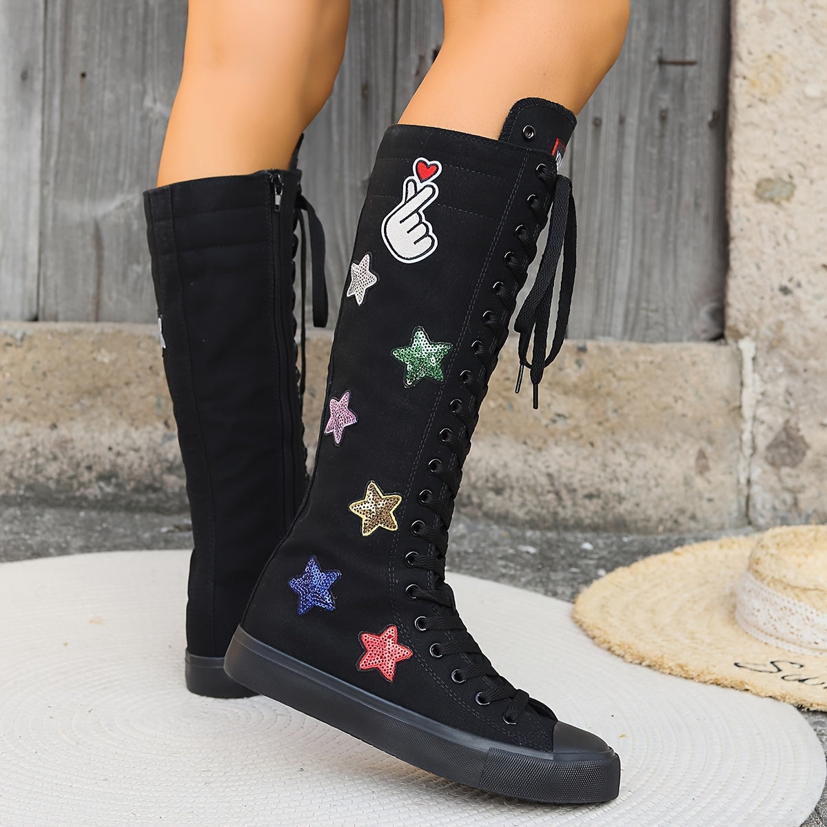 Women’s Canvas High-Top Boots with Zipper, Black, All-Season Comfort