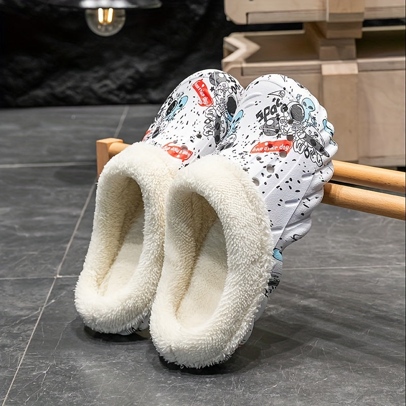 Women's Alien Print Fleece-Lined Clogs Cozy Warm Slip-On Winter Shoes