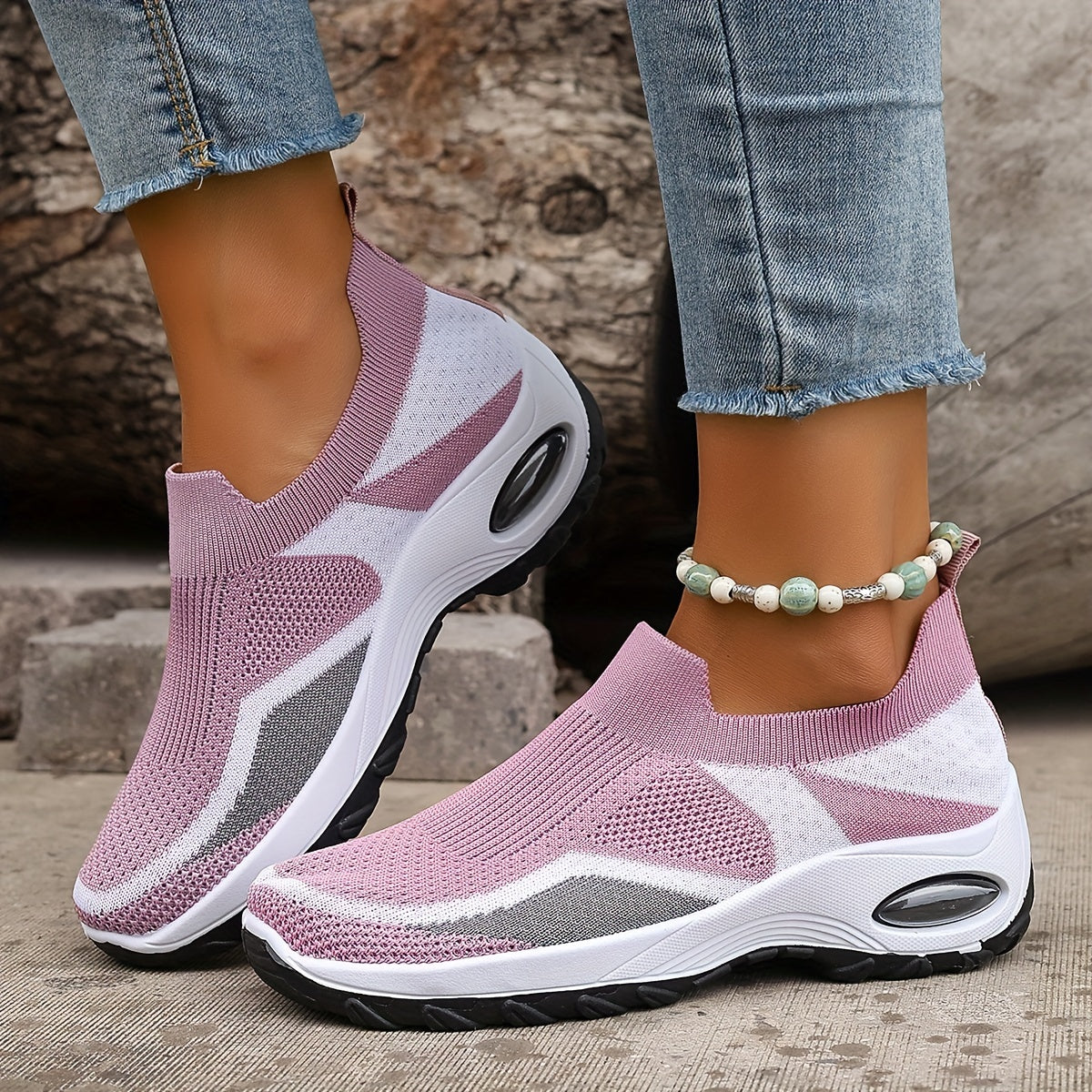 Ayollar uchun nafas oladigan to'qilgan chunky sneakers, kundalik slip-on sport poyafzallari