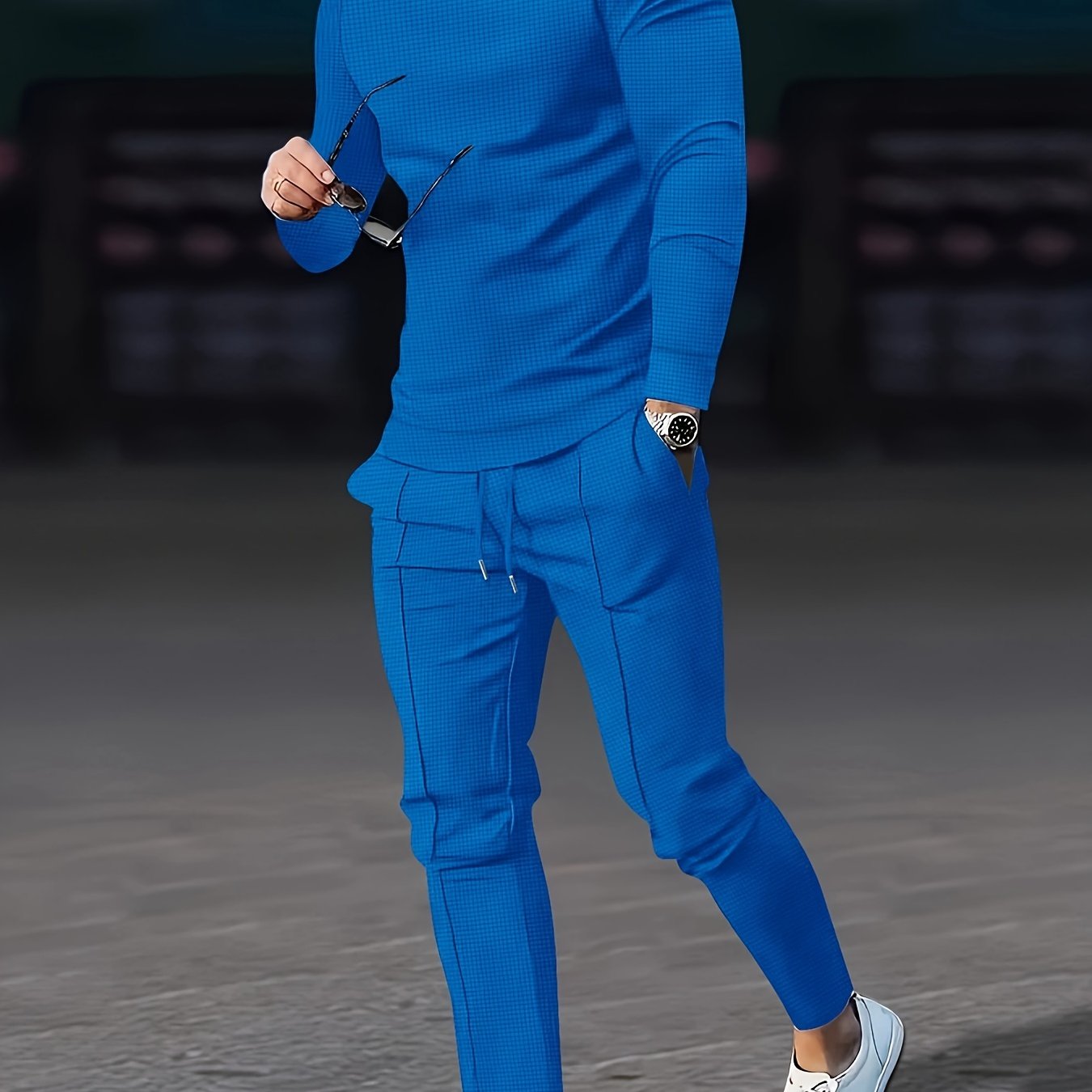 Men's Waffle Pattern Casual Outfits Set Long Sleeve Sweatshirt and Joggers Spring Fall