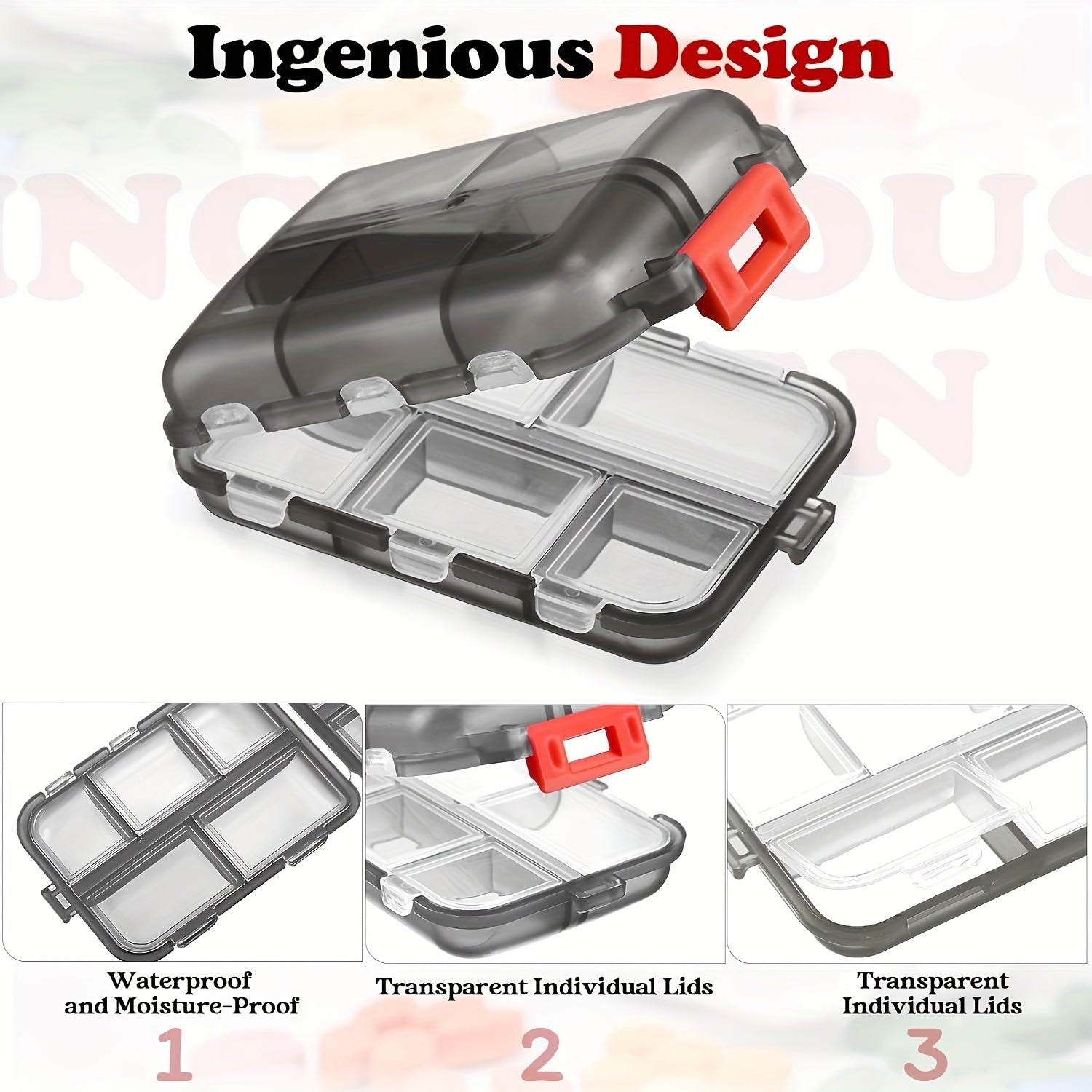 Organizador de pastillas de doble capa con 10 compartimentos y tapas individuales para viajes