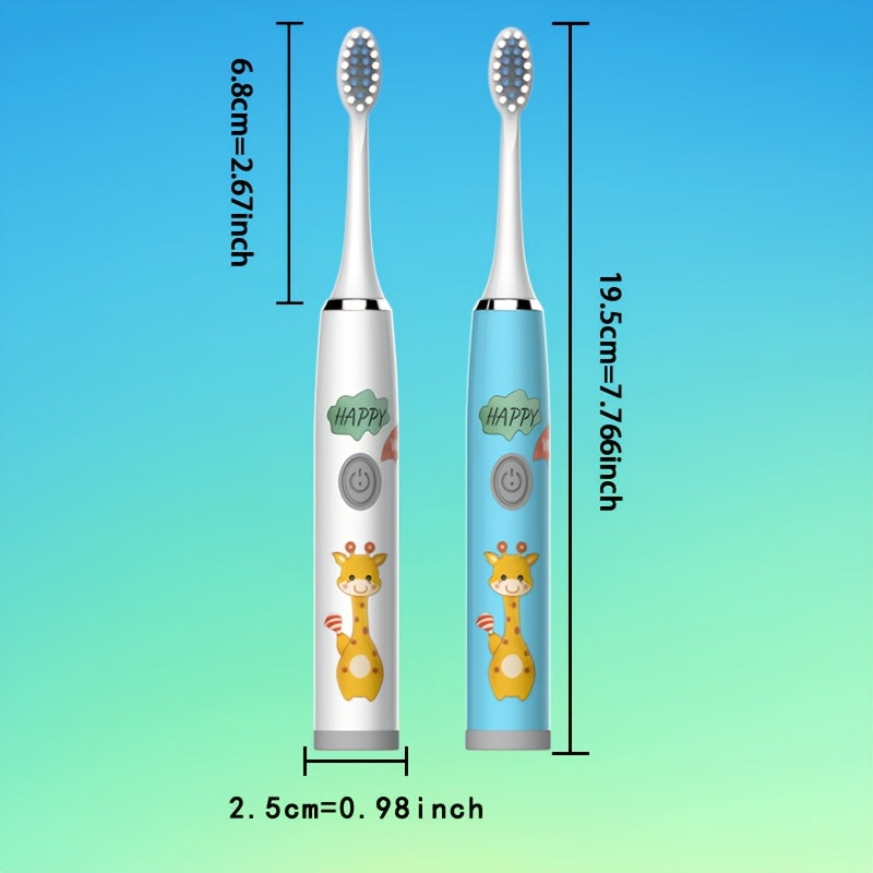 Детская электрическая зубная щетка с дизайном жирафа синий и белый, работает на батарейках, для возрастов 3-15 лет