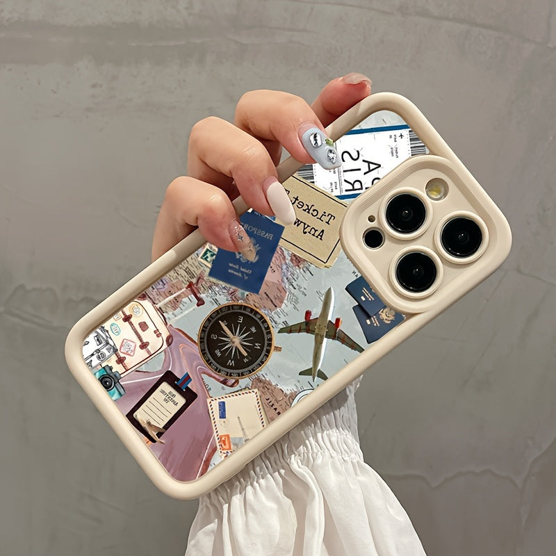 White Airplane Compass Map Pattern TPU Phone Case for iPhone 11 to 15 and SE