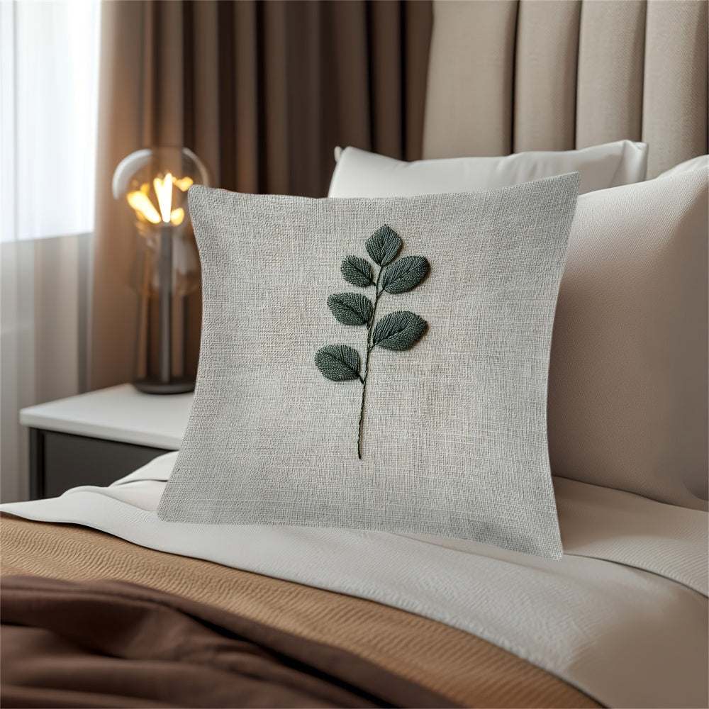 Embroidered Leaf Pattern Cushion Cover Soft Short Plush Polyester Square Zippered Decor
