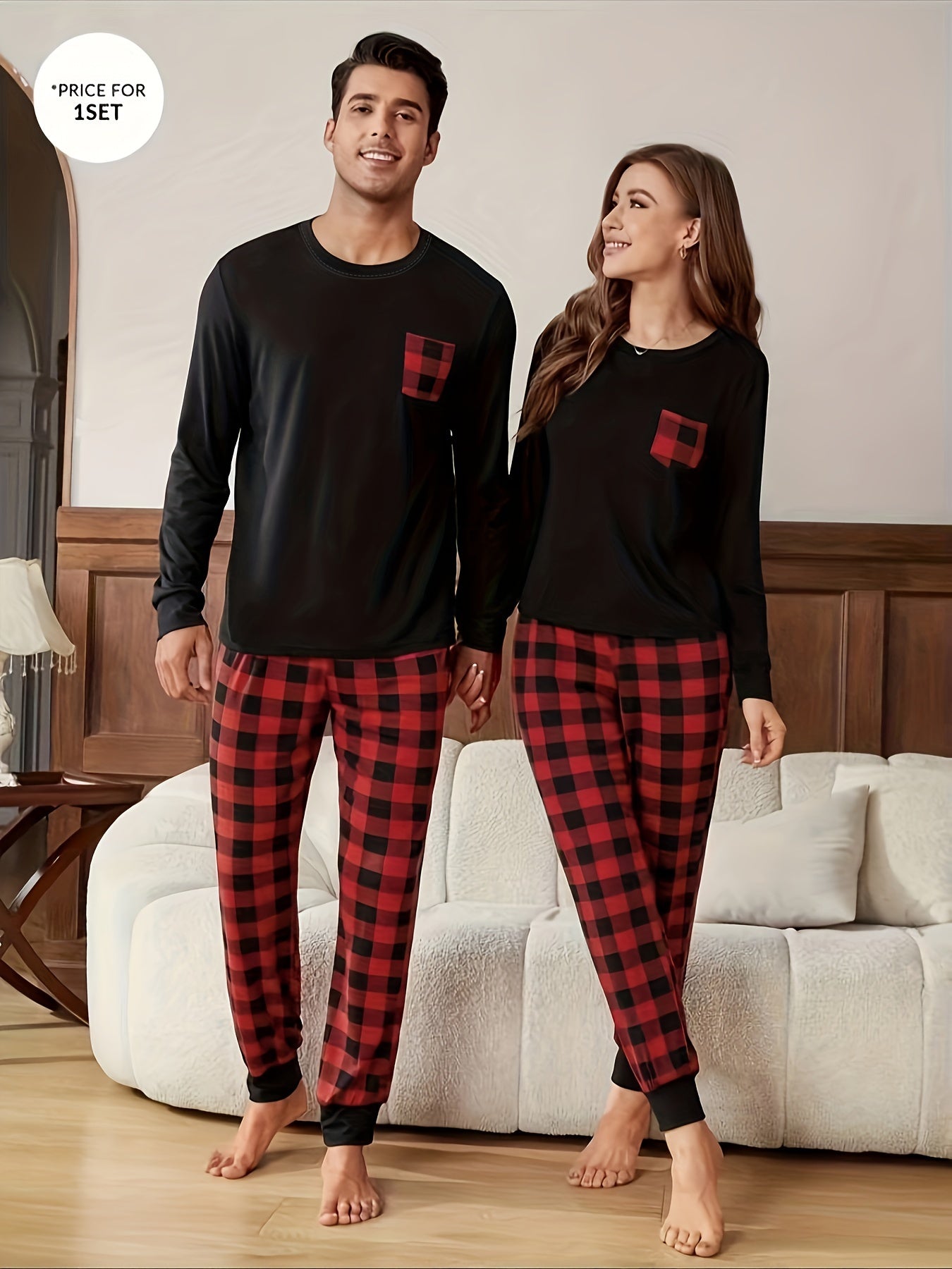 Men's Long Sleeve Plaid Pajama Set in Polyester Knit Fabric with Pockets for Fall Winter