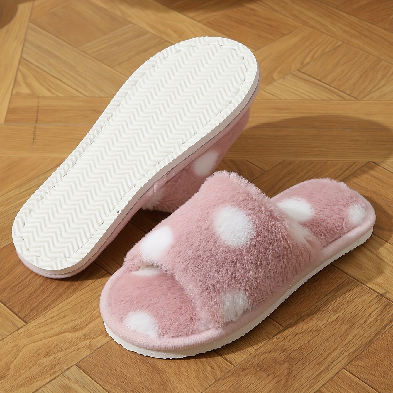 Women's Plush Fuzzy Open-Toe Indoor Slippers - Non-Slip EVA Sole, Black and Pink