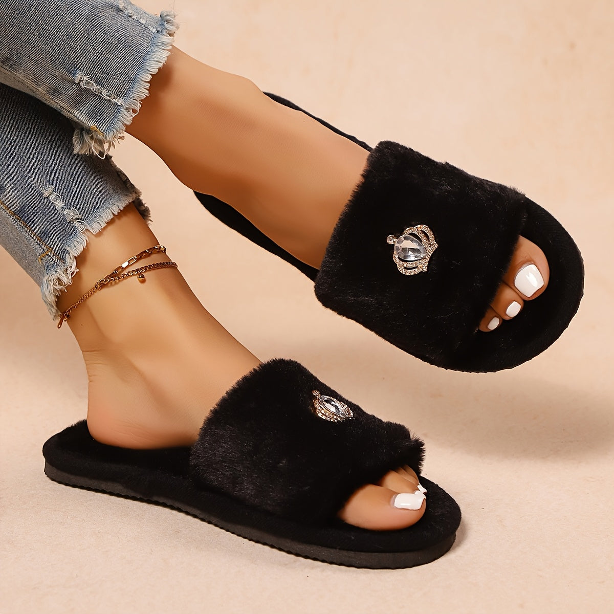Women's Sparkling Embellished Slip-On Slippers Soft Fabric Indoor House Shoes