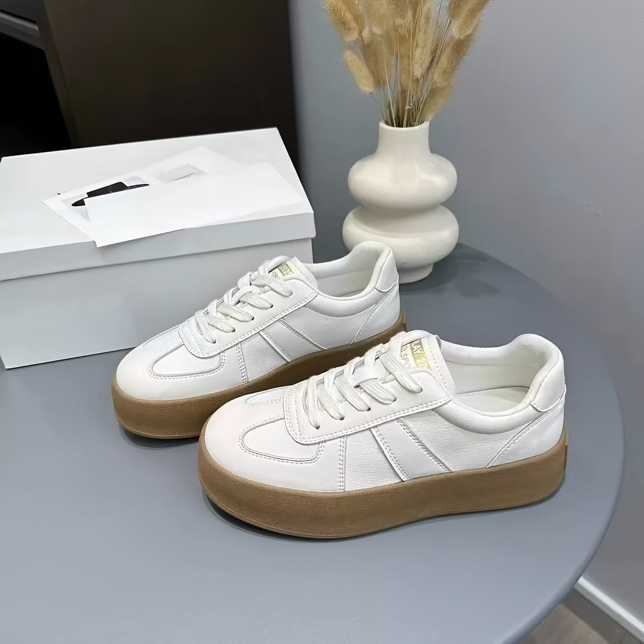 Women's Chunky Platform Sneakers White Brown Casual Lace-Up Shoes