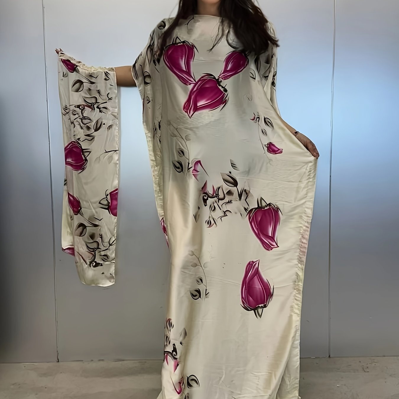 Plus Size Floral Print Abaya with Batwing Sleeves Maxi Dress Polyester