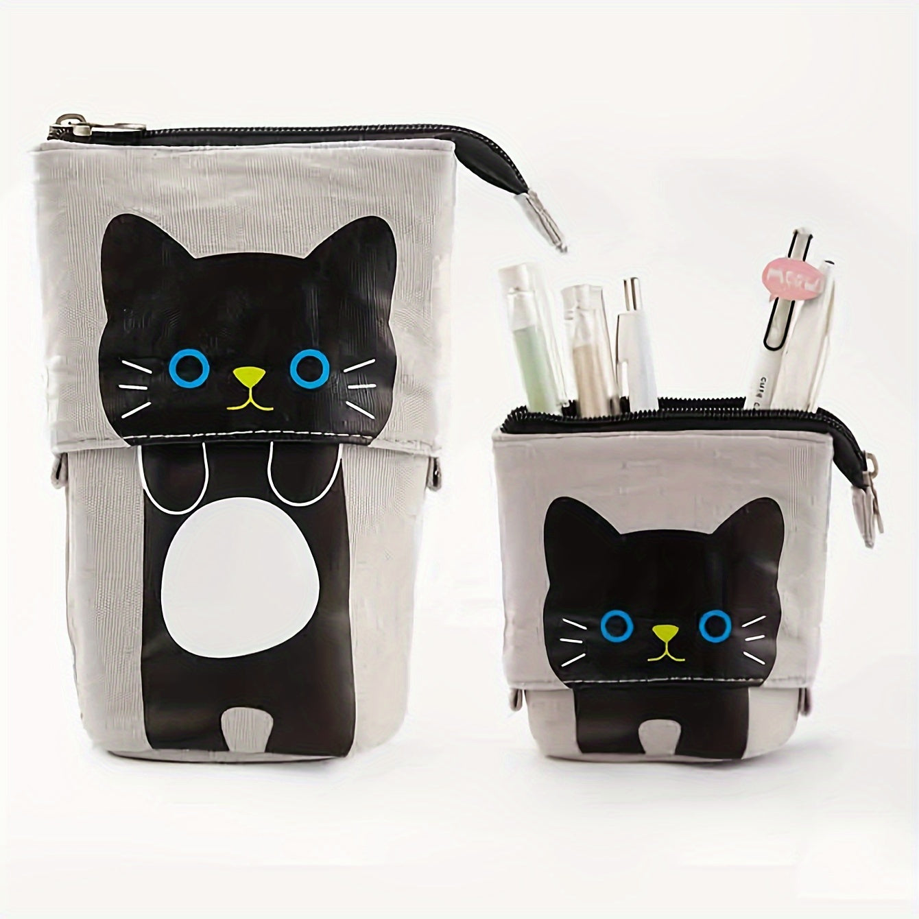 Canvas Cat Pencil Case with Zipper, Expandable, 2-in-1 Telescopic Pouch for Students