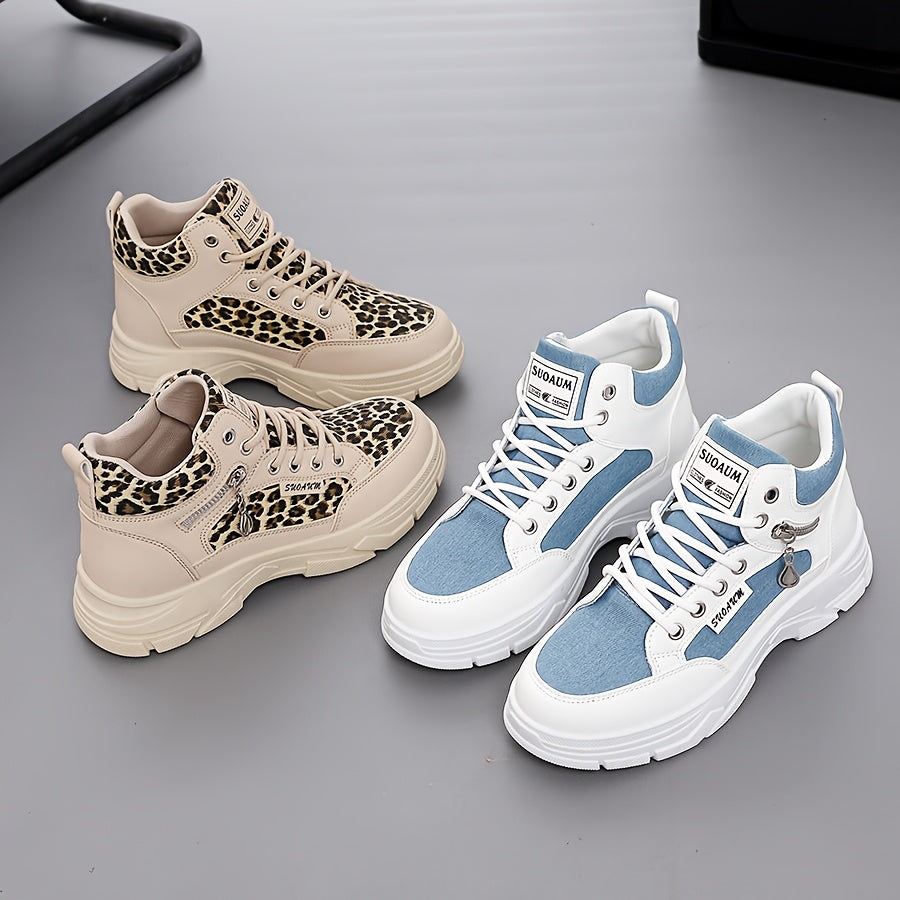 Women’s Leopard Blue White High-Top Sneakers with Thick Sole