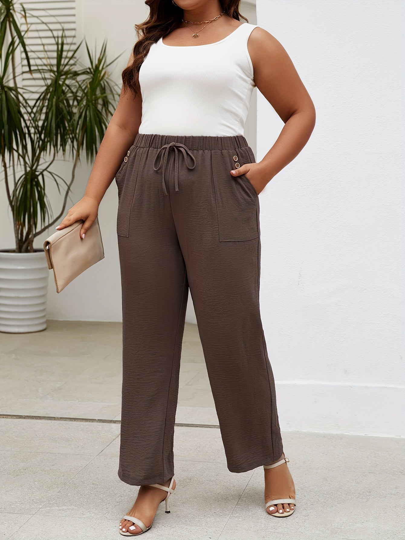 Women's Elastic Waist Straight Leg Flared Pants with Pockets and Button
