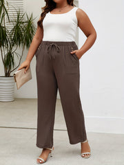 Women's Elastic Waist Straight Leg Flared Pants with Pockets and Button