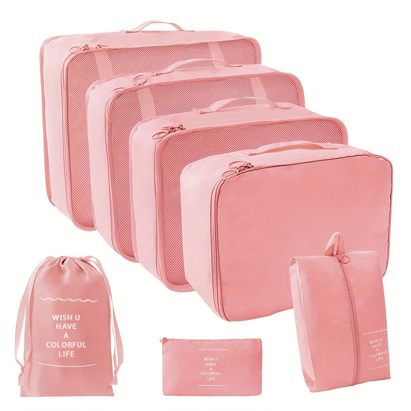 Pink Travel Organizer Set with 8 Pieces Polyester Luggage and Toiletry Bags
