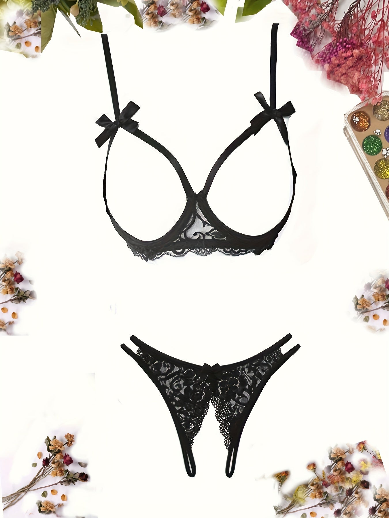 Women's Floral Lace Bow Lingerie Set Open Bust Bra Crotchless Panty