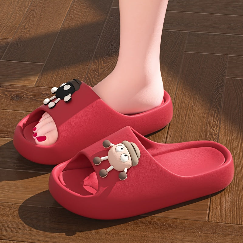 Women's Cartoon Bear Slip-On Slippers with Cushioned EVA Sole Black Red