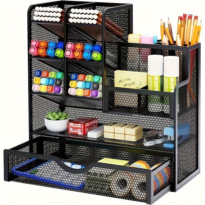 Iron Mesh Desk Organizer with Drawer Office Supplies Storage Non-Slip Durable Metal