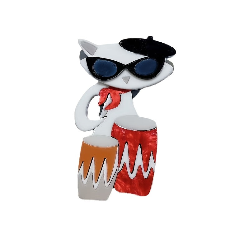 Unisex Cartoon Cat Drummer Brooch Pin Acrylic Irregular Shape Animal Music Badge Fashion Lapel Accessory