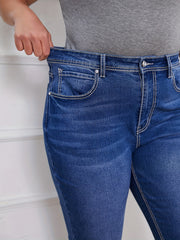 Plus Size ayollar uchun yuqori cho‘ziladigan vintage to‘g‘rilar qattiq yengil jinsiy shimlar, ko‘k denim