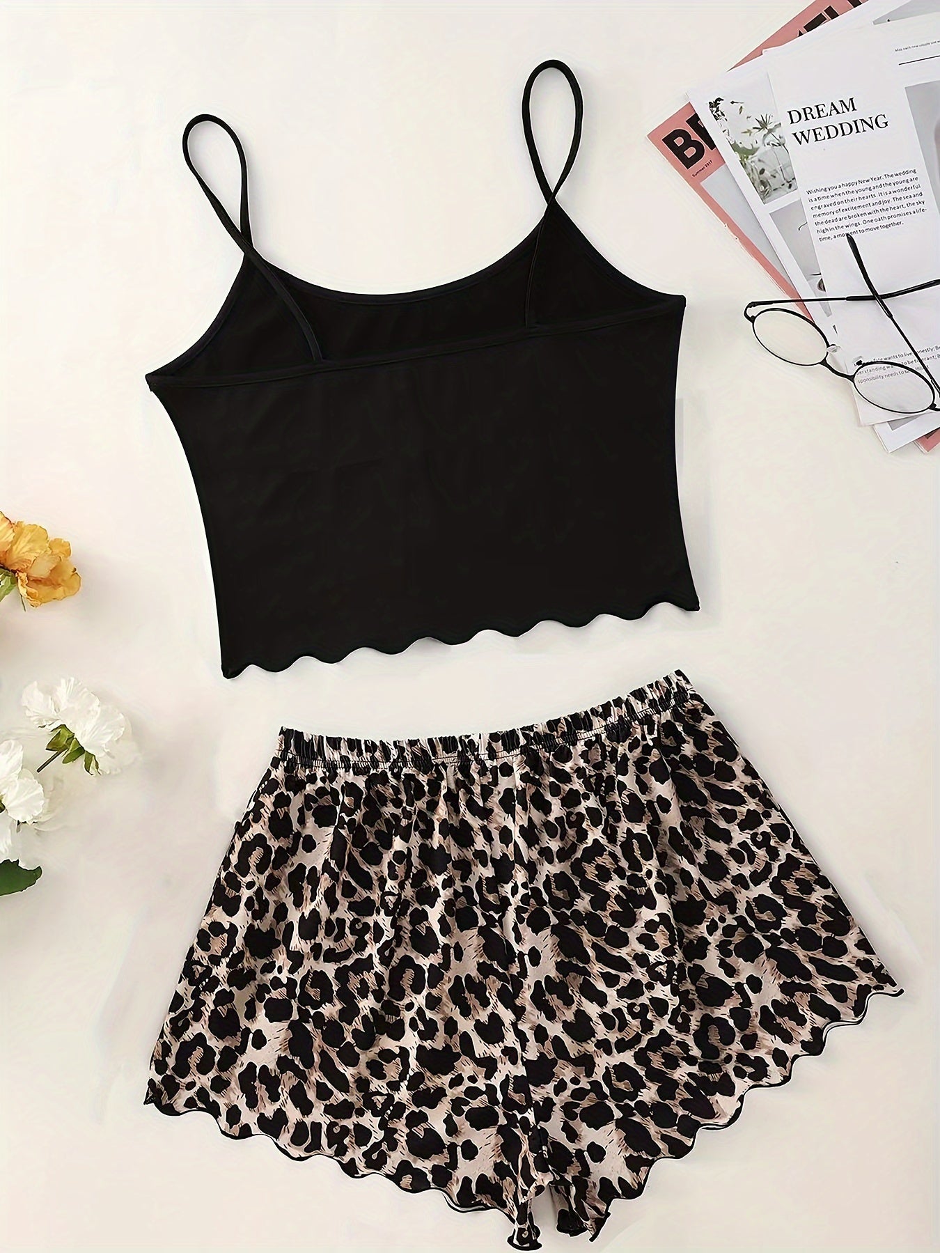 Leopard Print Pajama Set for Women with Frill Trim Crop Top and Shorts Summer Nightwear