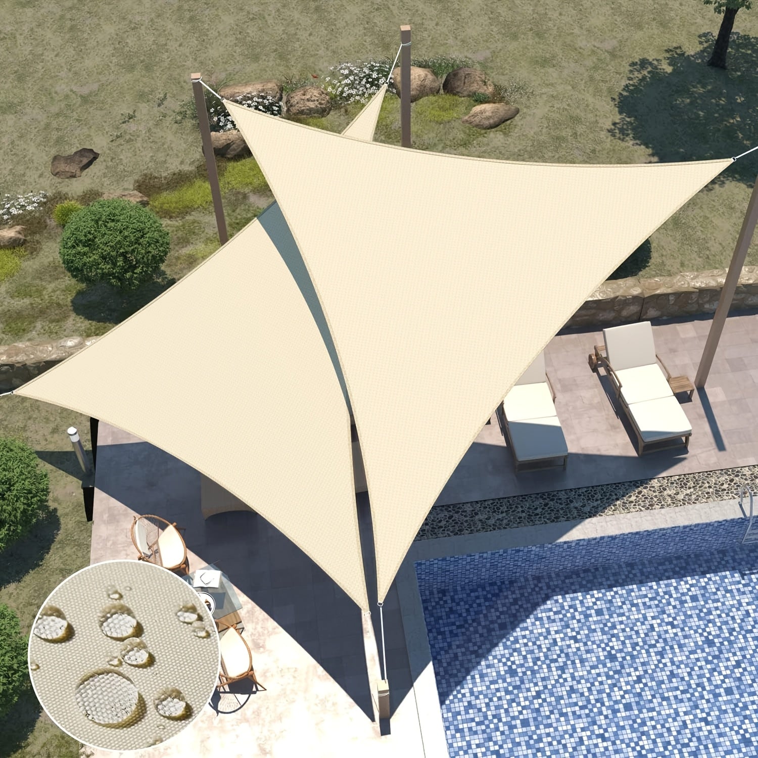 Beige Waterproof Sun Shade Sail for Pool Patio Garden Triangle Polyester UV Block