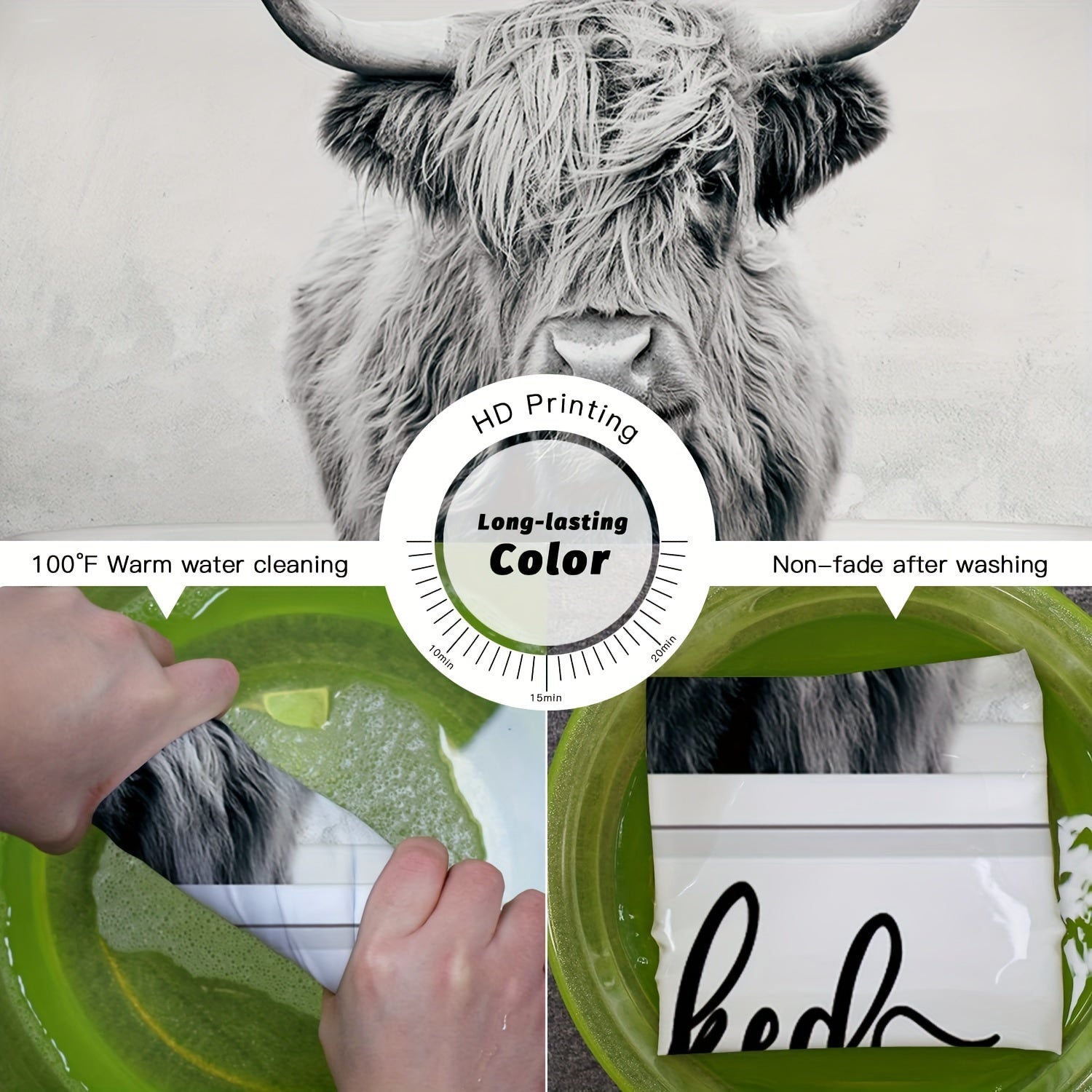 Qishloq uslubidagi hammom dekoratsiyasi uchun kulgili G'arbiy Yuqori Sigir dush pardasi to'plami, 182.88 x 182.88 sm o'lchamdagi polyester matodan tayyorlangan. Estetik xona va uy dekoratsiyasi uchun ideal.