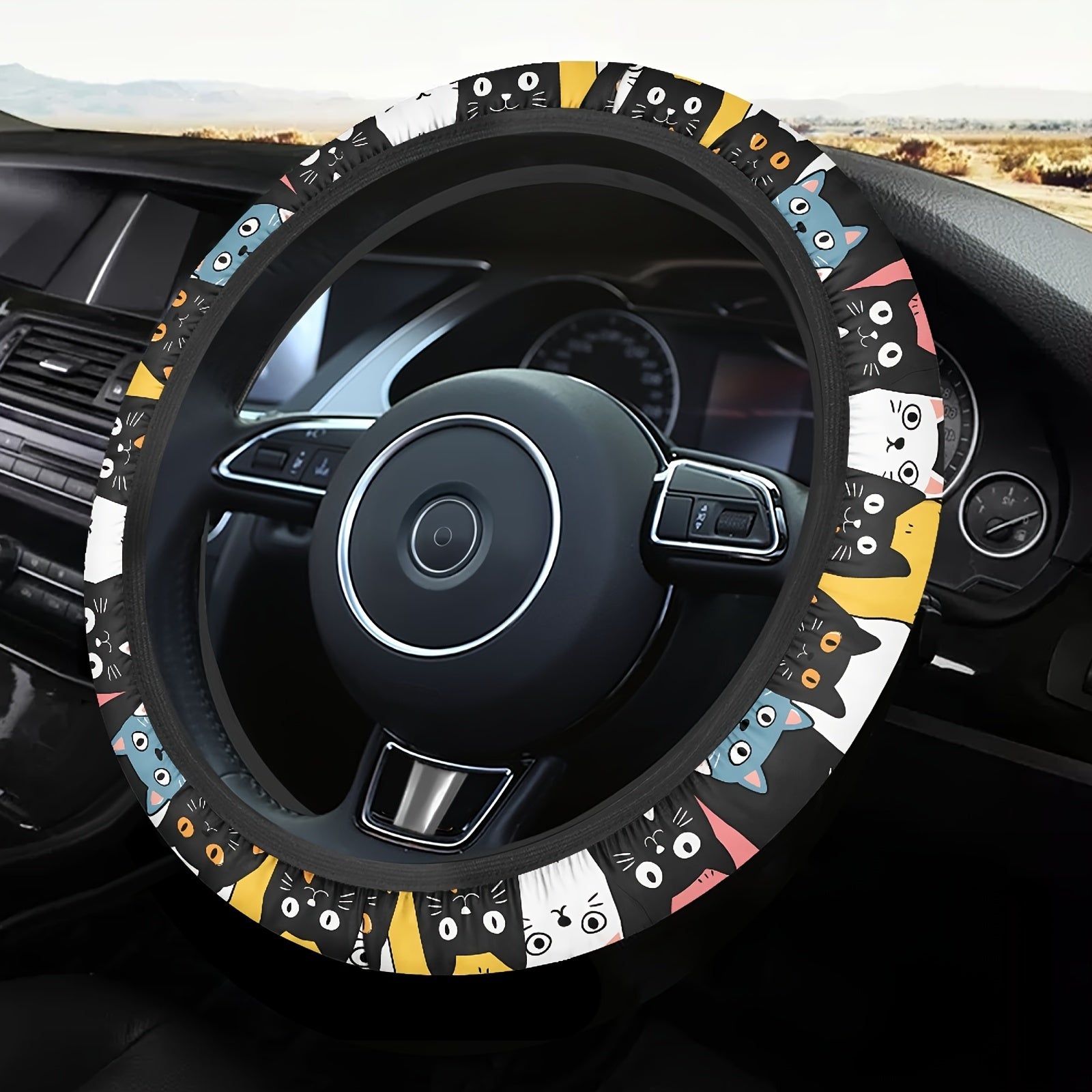 Cute Cartoon Cat Steering Wheel Cover Anti-Slip Polyester Car Accessory