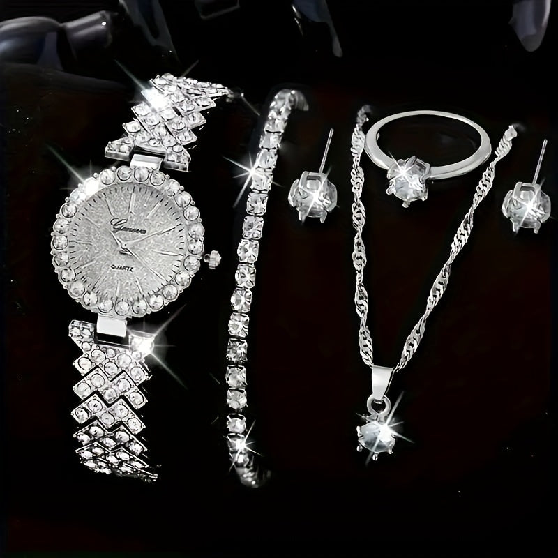 Women's Rhinestone Quartz Watch Set 6 Pieces Stylish Analog Watches with Japanese Movement