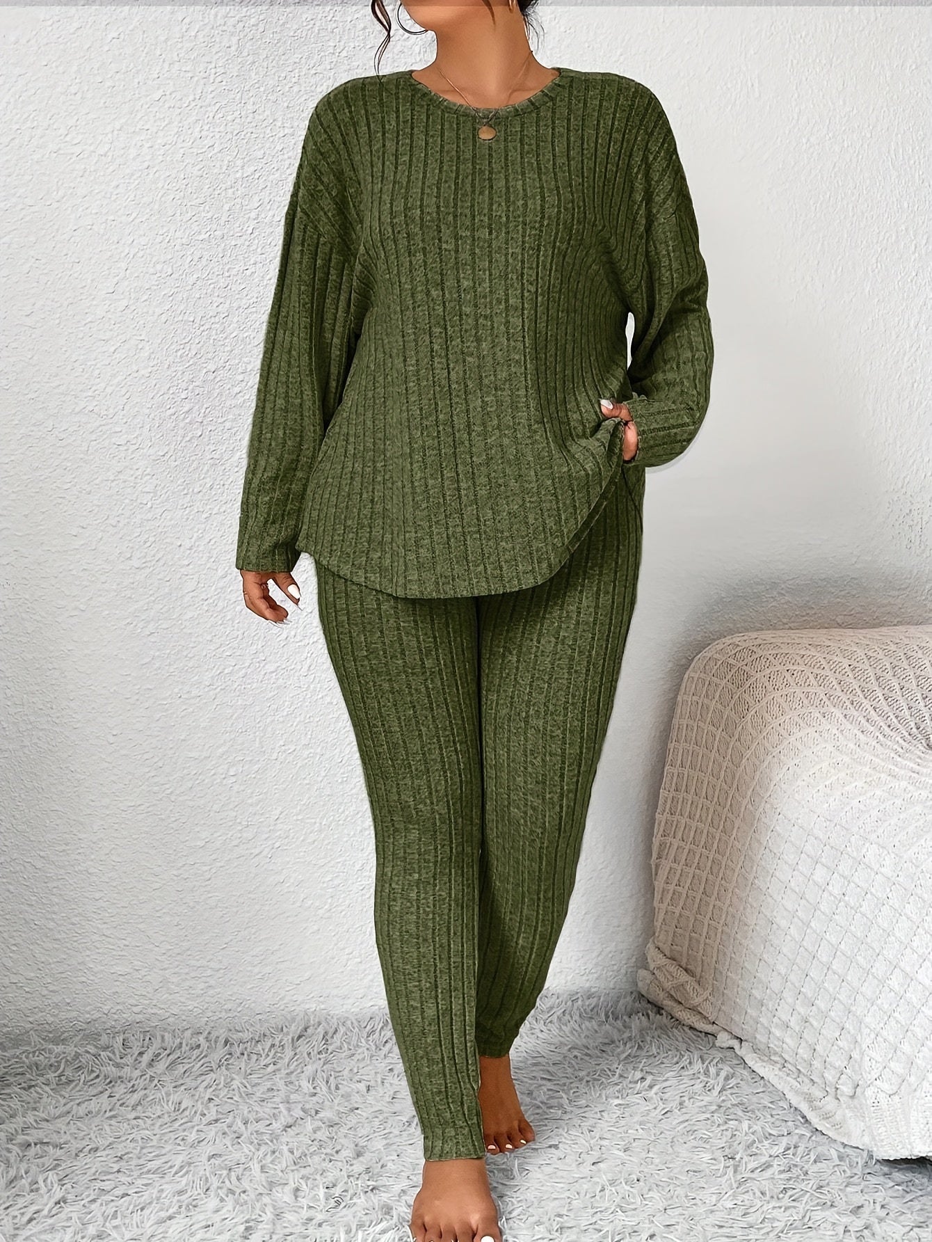 Women Long Sleeve Pajama Set Large Size Warm Slim Fit